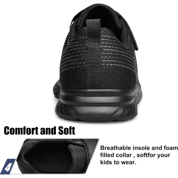 Kids All Black Lightweight Breathable Athletic Running Tennis Fitness Sneakers - Picture 6 of 6